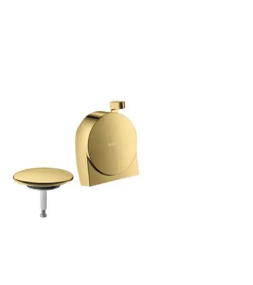 Hansgrohe-Produkt bestehend aus einem goldfarbenen Wanneneinlauf mit integriertem Ablauf- und Überlaufmechanismus. Glatte Oberflächen und funktionales Design.